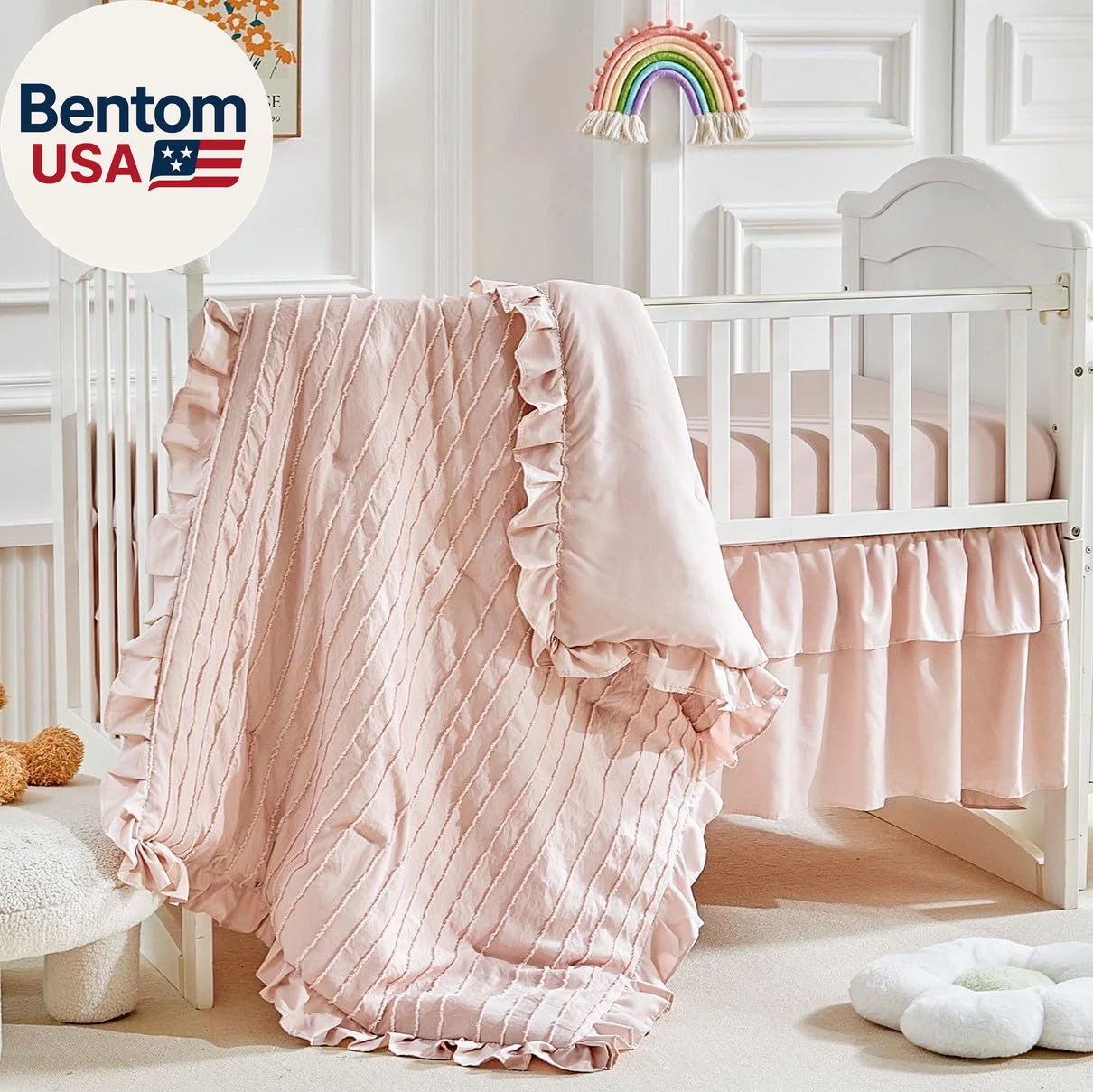 3 Pieces Tufted Stripes Crib Bedding Set with Ruffle Fringe, Pink Ruffled Comfor
Opens in a new wind