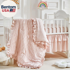 3 Pieces Tufted Stripes Crib Bedding Set with Ruffle Fringe, Pink Ruffled Comfor