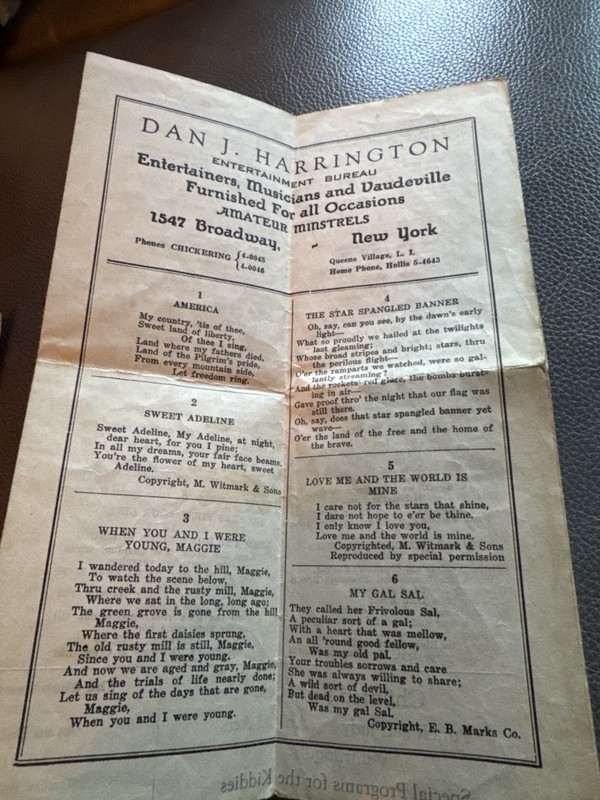 Antique Vaudeville Songster Dan J Harrington Broadway NYC Minstrel Song Bk1920s