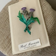 Real Marcasite Scottish Thistle Brooch Made In Britain Enamel Floral Pin