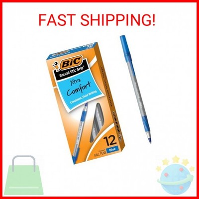 BIC Round Stic Grip Xtra Comfort Blue Ballpoint Pens, Medium Point (1.2mm), 12-C