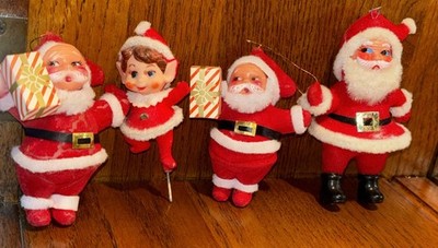 Lot Of 4 Vintage Flocked Santa Claus and Elf Christmas Ornaments