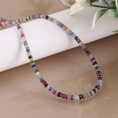 100%Natur Multi Saphir Stein Perlen Handarbeit Halskette facettiert 925 Silber 