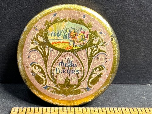 Lovely Vintage Tiny Melba Fleurs Round Face Powder Tin Gold & Lilac Art Nouveau