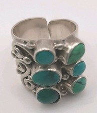 Turquoise 925 Ring 6 Stones Blue  Green 16g Wide Band W/Scroll Work Size 7 3/4