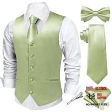Men's Vest and Tie Set 6PCS Satin Waistcoat Dress Vest X-Large Sage Green