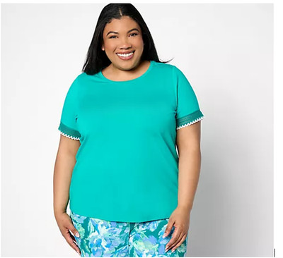 Isaac Mizrahi Short Sleeve Top with Embroidery Trim-Green Turquoise-1X