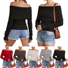 Women's Off Shoulder Sweater Long Sleeve Knit Pullover Winter Warm Casual Tops
