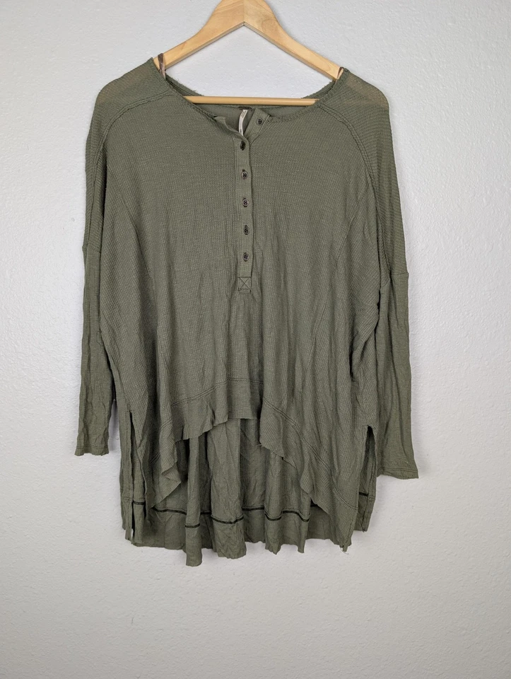 Camisa Free People Mujer XS Verde Tejido Waffle Henley Térmica Alta Baja Boho Foto 2 de 4