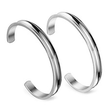 Hair Tie Bracelet Stainless Steel Grooved Cuff Bangle for Women 2 Pcs Silver