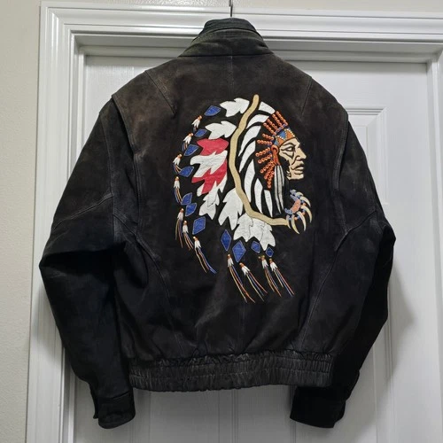 VTG Suede Leather Jacket Native Chief Embroidery Men's M Western Oversized