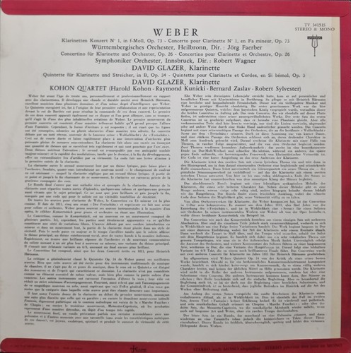 Weber - Konzert Nr. 1, Klarinette / David Glazer - LP - Bild 2 von 3