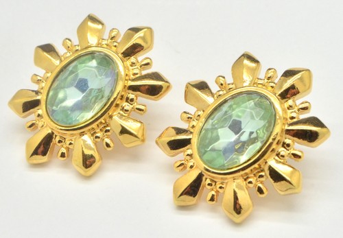 Orecchini Vintage AVON Anni 80 Grandi Verde Pallido Lucite Tono Oro Traforato Gioielli - Foto 6 di 9
