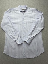 Canali Dress Shirt Mens 17 Blue Stripe 100 Cotton Long Sleeve Made In Italy