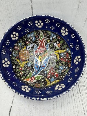 Handmade Turkish Iznik Style Ceramic Bowl Blue Floral Decorative Serving Dish