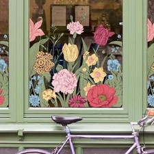Illustrative Botanical Flower Window Stickers, Double-Side Glass Decals Peony