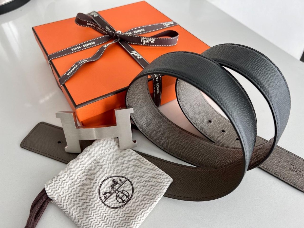 Auth Hermes 42mm Reversible Etain/Black Belt Kit Silver H Auth Hermes 42mm Reversible Etain/Black Belt Kit Silver H