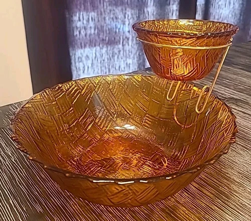 Vintage Indiana Carnival Glass Chip & Dip Bowl Marigold Iridescent Basketweave