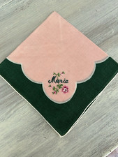 Vintage Handkerchief Hankie Pink  Green Linen Embroidered "MARIE" Personalized