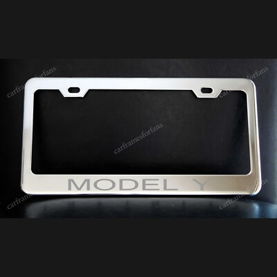 TESLA MODEL Y License Plate Frame, chrome metal with brushed vinyl