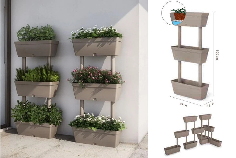 FIORIERA Balconetta Verticale Kit 3 Vasi ORTO Componibile 50x17x100 Cm FIORI - Immagine 3 di 4