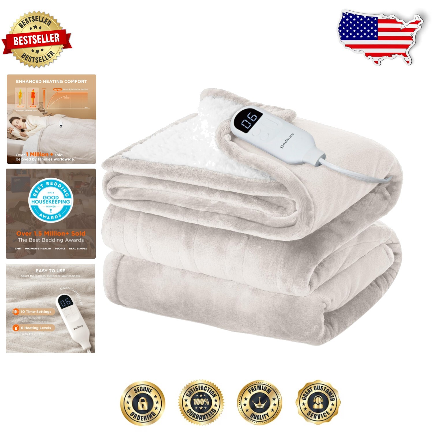 Manta Eléctrica Tamaño Completo 72x84 - Calefacción Rápida con 10 Ajustes de Tiempo, Crema