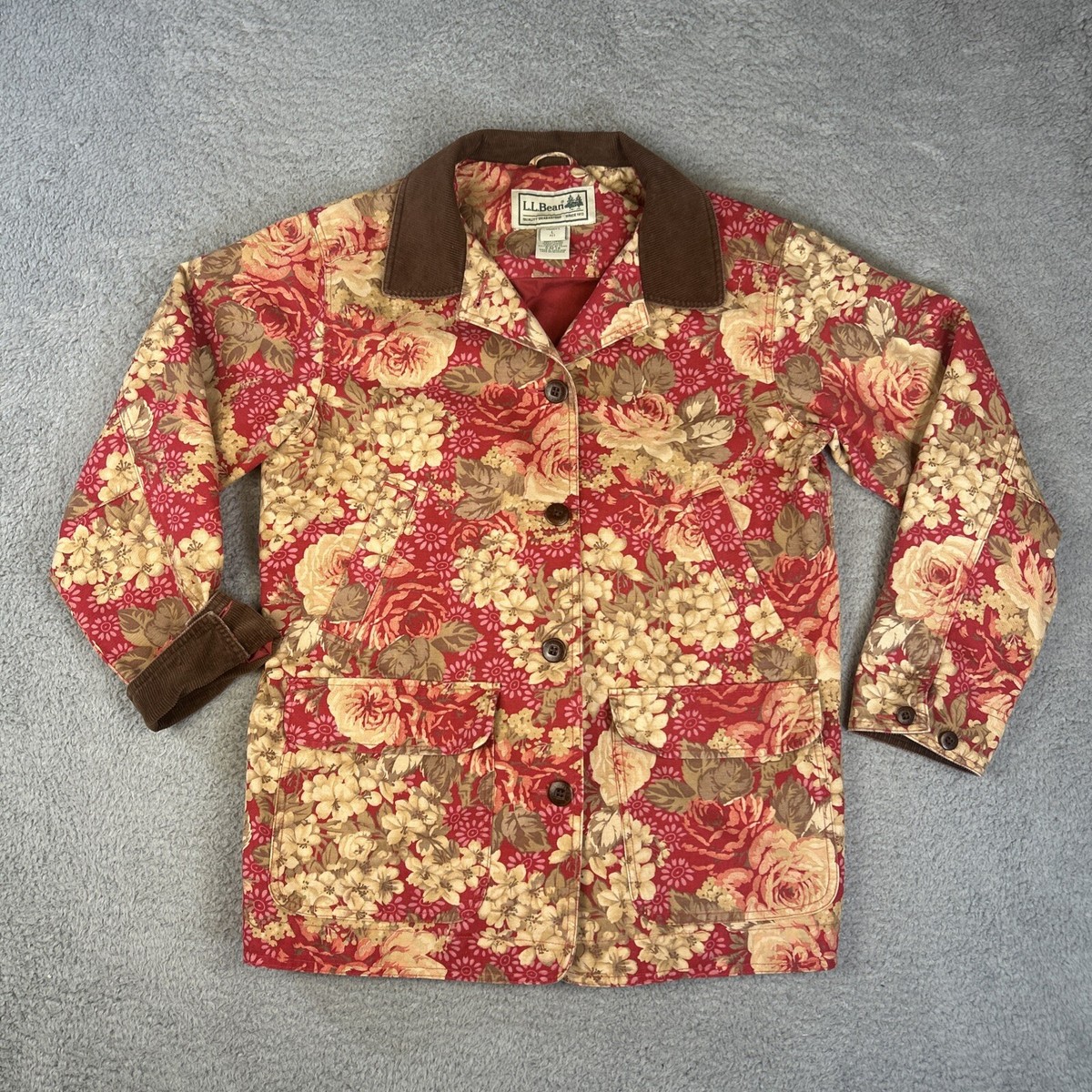 Vintage LL Bean Jacket Womens Large Petite Floral Rose Chore Barn 