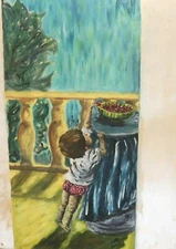 Vintage realist oil painting child and fruits landscape