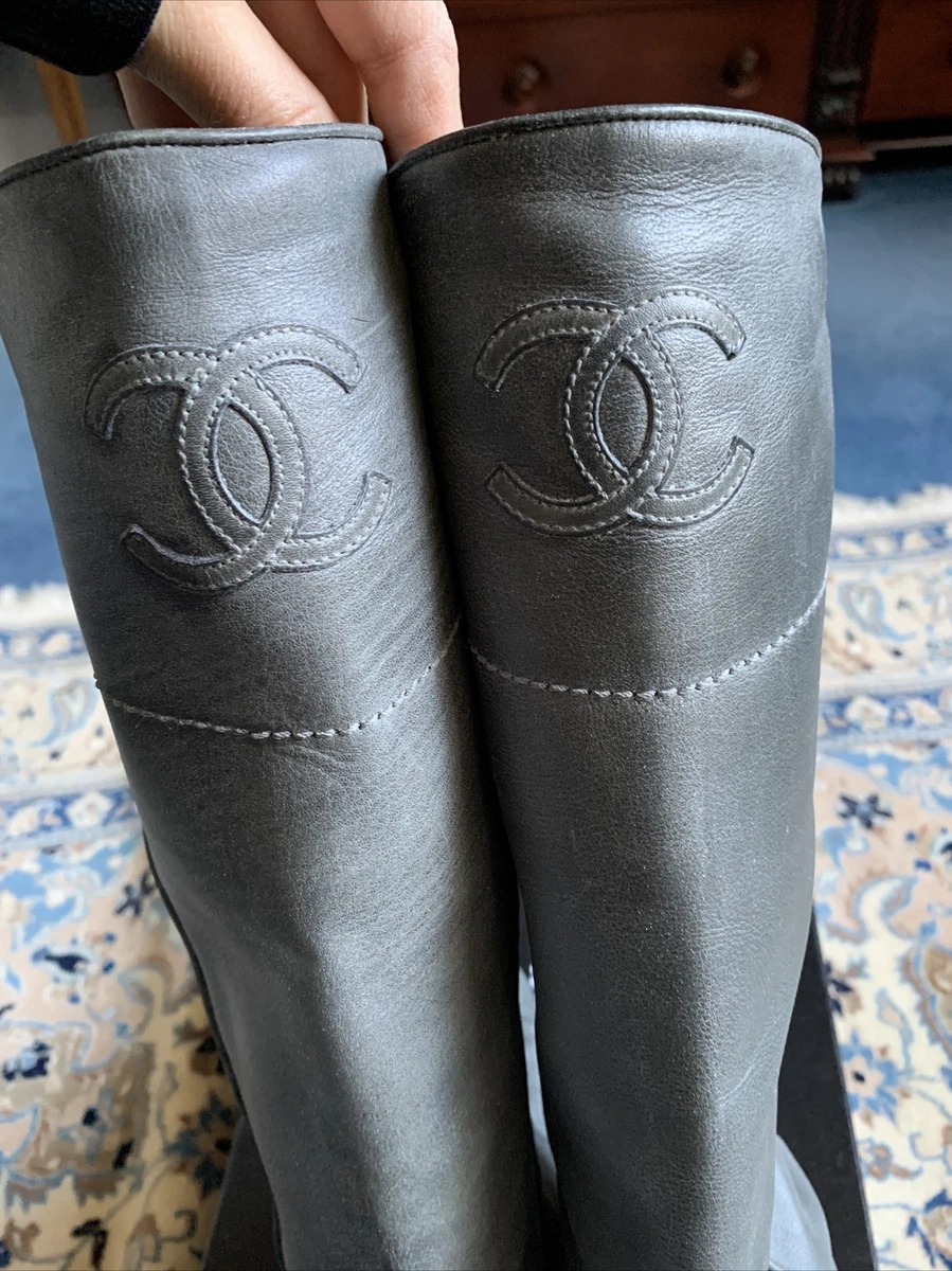 Authentic Chanel Women tall grey Leather Riding boots flat CC Knee high 39.5