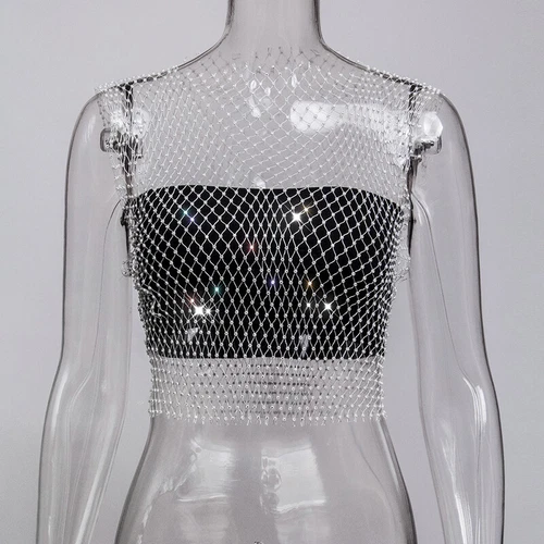 Rhinestones See-through Women Fishnet Tank Top Sexy Vest Mesh Crop Tops Babydoll - Picture 19 of 31