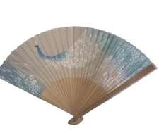 Vintage Handheld Fan Peacock Fan Bird Feathers Blue White Pink Japanese