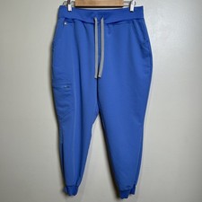FIGS Womens Scrub Pants Zamora Jogger L/P Blue Cargo Stretch back leg logo EUC