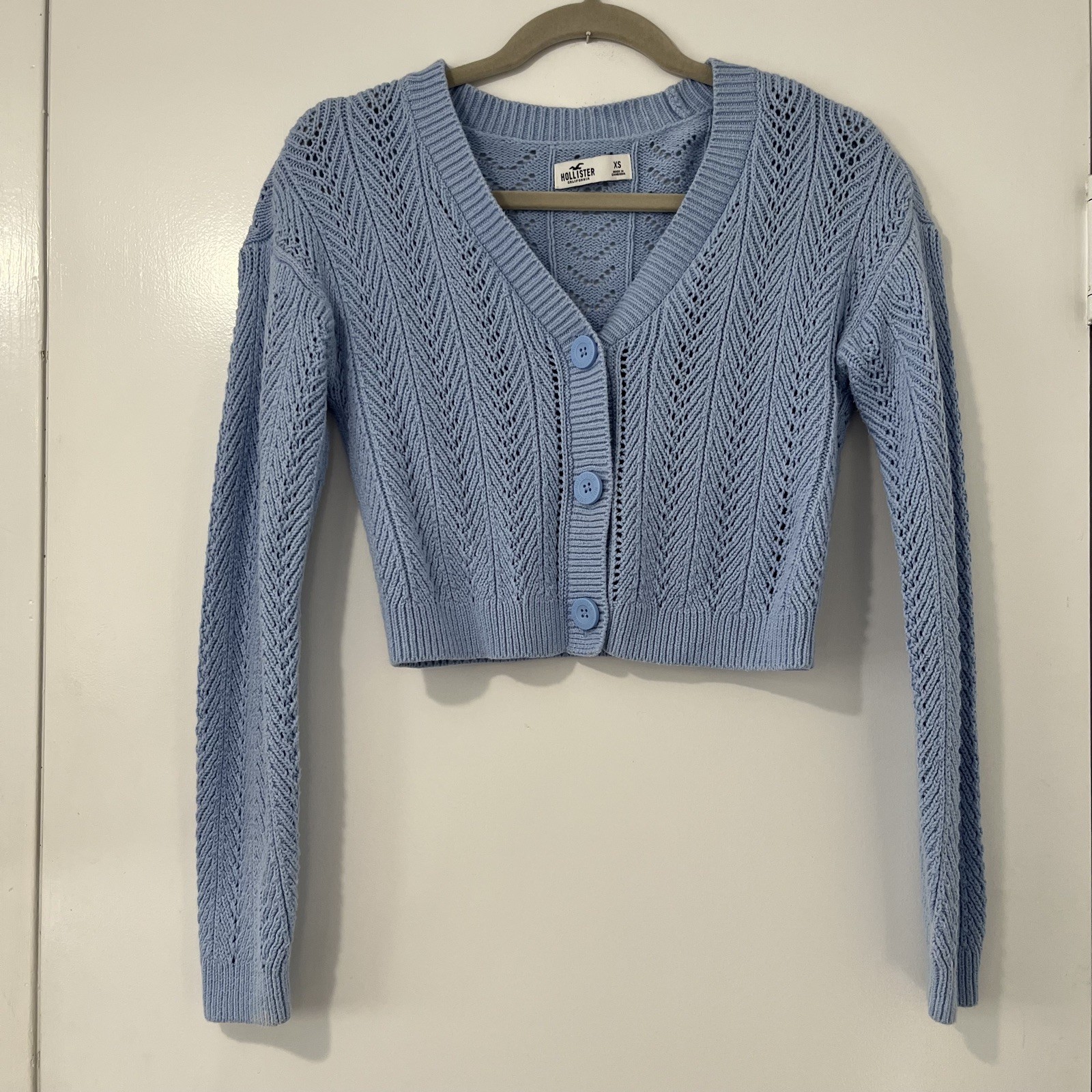 Hollister Women XS Cardigan Sweater Blue Knit Cropped Cotton Blend Light - C1