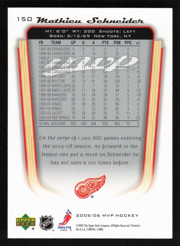 Mathieu Schneider Silver Script 2005-06 Upper Deck MVP #150 Card TCCCX - Picture 2 of 2
