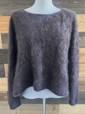 RUNHOLDZ 100% Raccoon Hair Fur Sweater Women s Gray Asymmetrical Luxe Designer