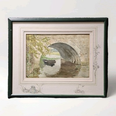 Zeitgenössisches Aquarell Gemälde J L Wilmot altes Boot Fotheringhay Brücke Roundle
