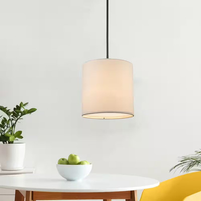 10 In. 1-Light Black Drum Pendant Light Fixture with Linen Shade