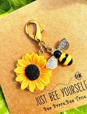Sunflower  Bumblebee Bag Charm Keychain Gold Tone  Gift-Ready Dust Bag