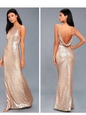 Lulus Womens Champagne Gold Sequin Cowl Back Maxi Dress Evening Gown Size Small