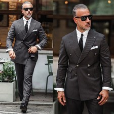 Black Striped Men's Suit Workwear 2Pcs Business Tailored Offical Tuxedo Jacket
