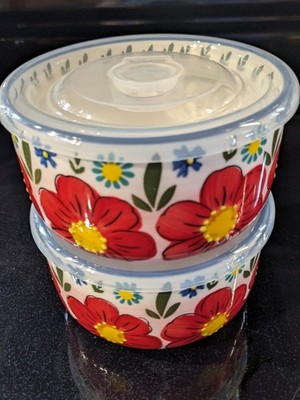 SH Home Red Floral Mexican Taco Style Talavera Lock & Store Bowls/ Lids 5'' x 3'' 