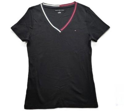 TOMMY Hilfiger womens t-shirt v-neck Flag logo Size L Black