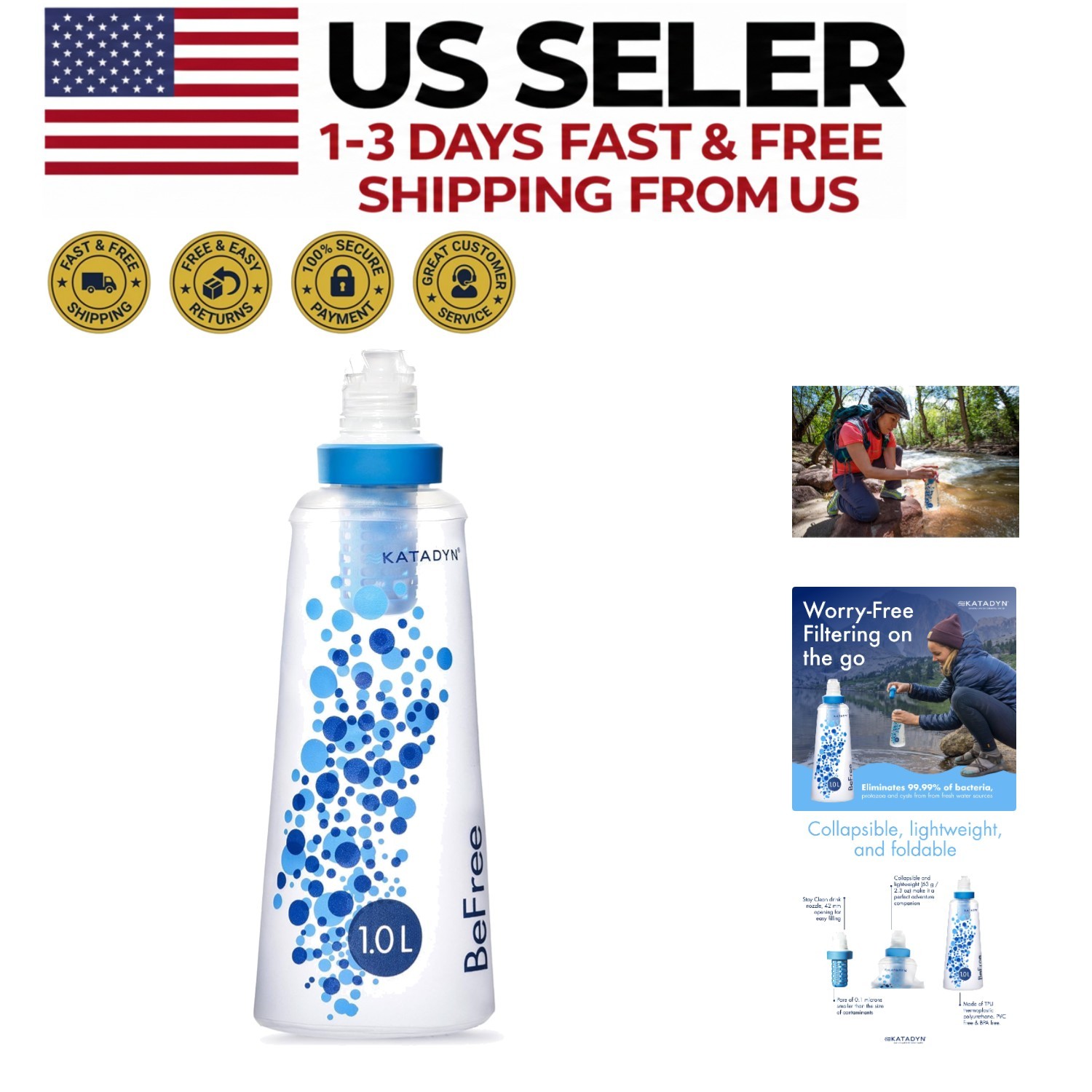 1.0L Ultralight Collapsible Water Filter Bottle for Hiking C