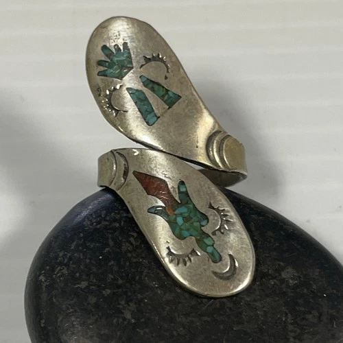 Size 7 Vintage Turquoise & Coral Chip Inlay THUNERBIRD PEYOTE BIRD Ring Silver