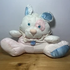 Vtg Fisher Price 1988 Puffalump Puppy Dog Pink Blue White Baby Rattle Plush