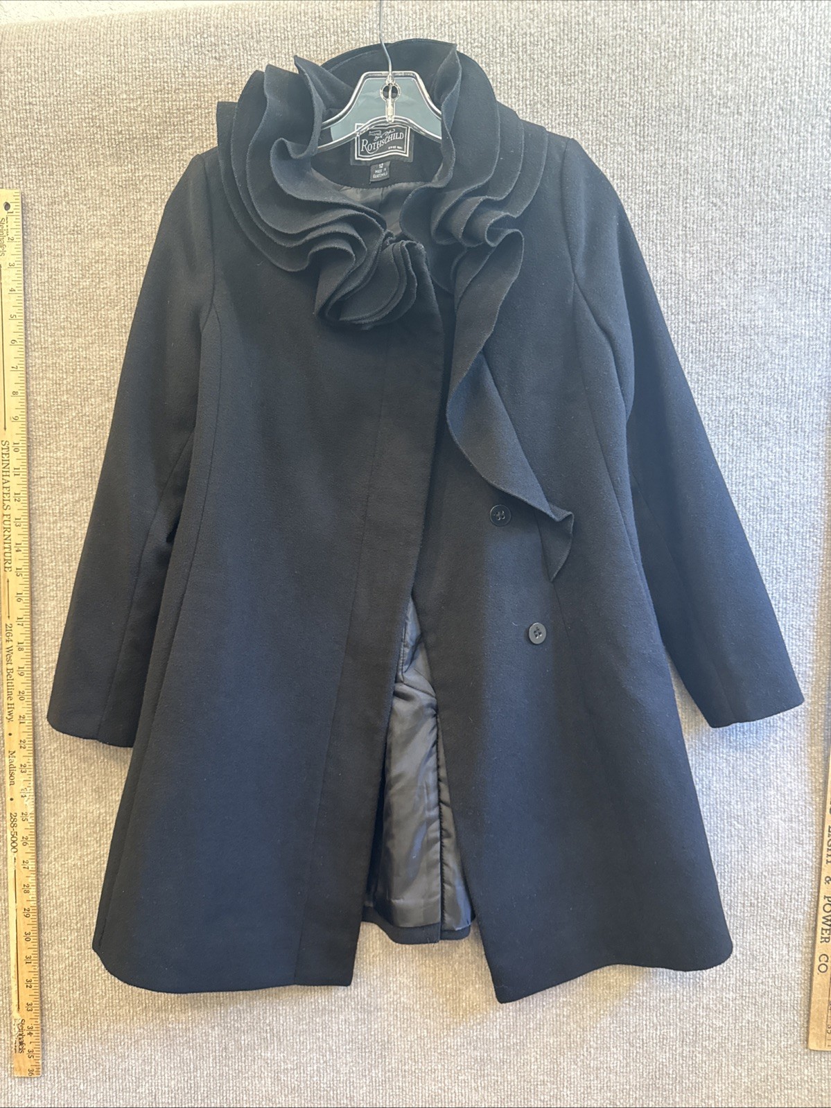 ROTHSCHILD Junior Ruffle Dress Coat Pockets Black Button/Snap Classic Lux EUC image 7
