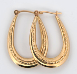 14K Yellow Gold OVAL Hoop Earrings, 1" Long Rope Pattern, 1.6 grams