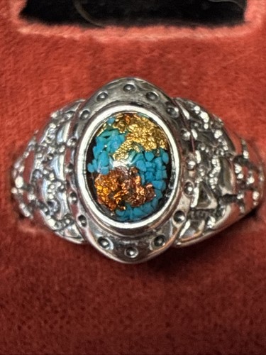 Vintage Herrenring signiert SW-94 Türkis Kupfer Gold Flocke Größe 10,5 - Bild 8 von 8