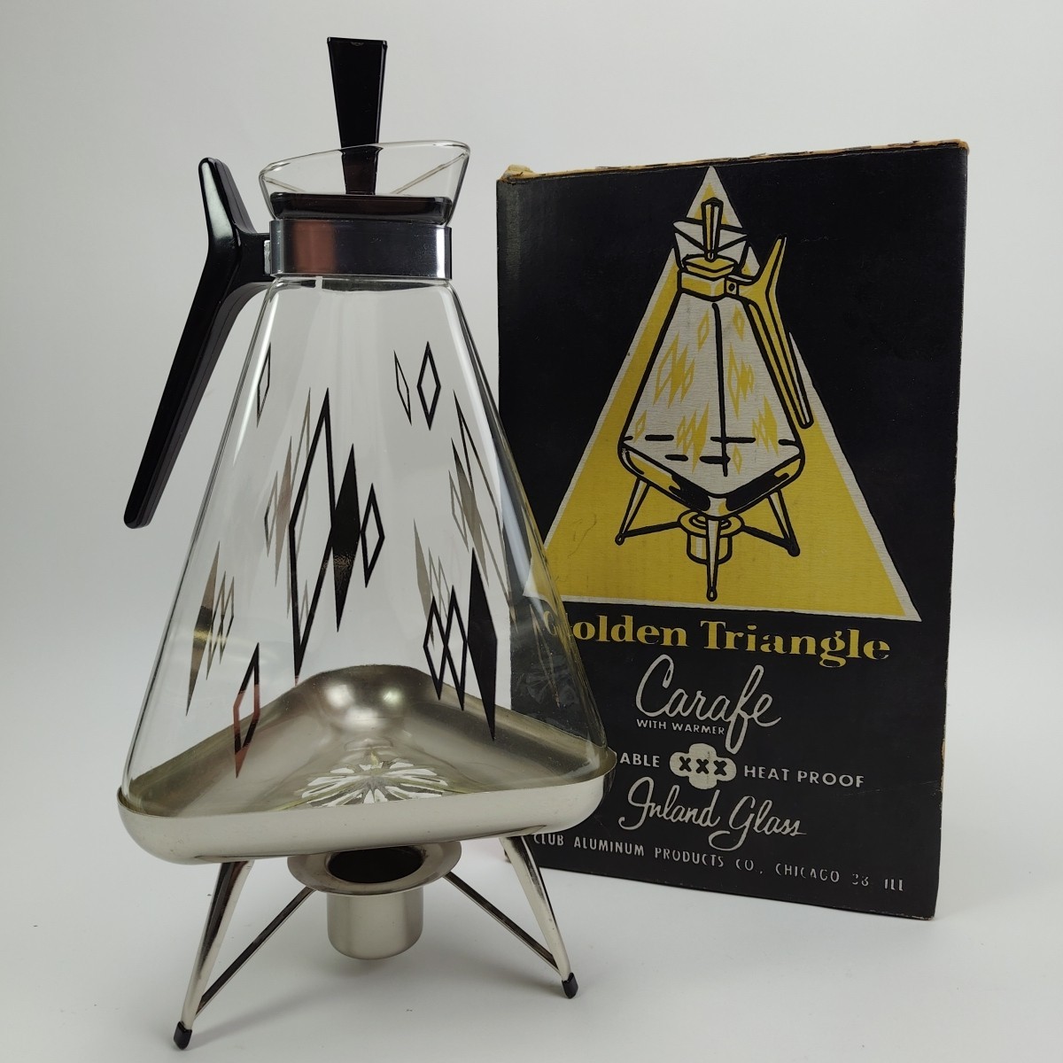 Golden Triangle Carafe Coffee Pot Atomic Design Inland Glass MCM with Lid & Box