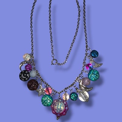 Vintage Silver Tone Celestial Sun Moon Face Art Glass Charm Necklace Iridescent